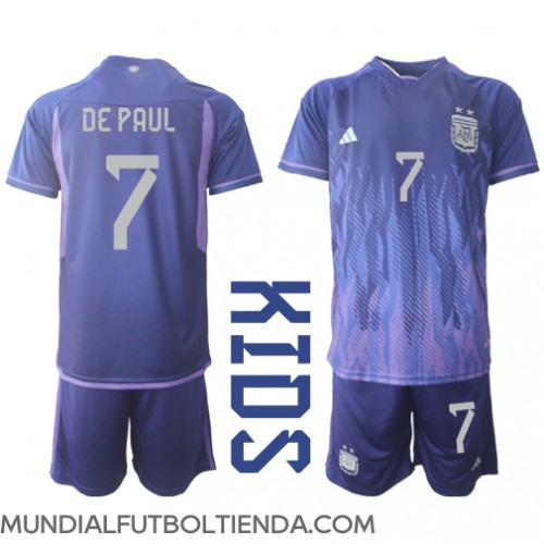 Camiseta Argentina Rodrigo de Paul #7 Segunda Equipación Replica Mundial 2022 para niños mangas cortas (+ Pantalones cortos)